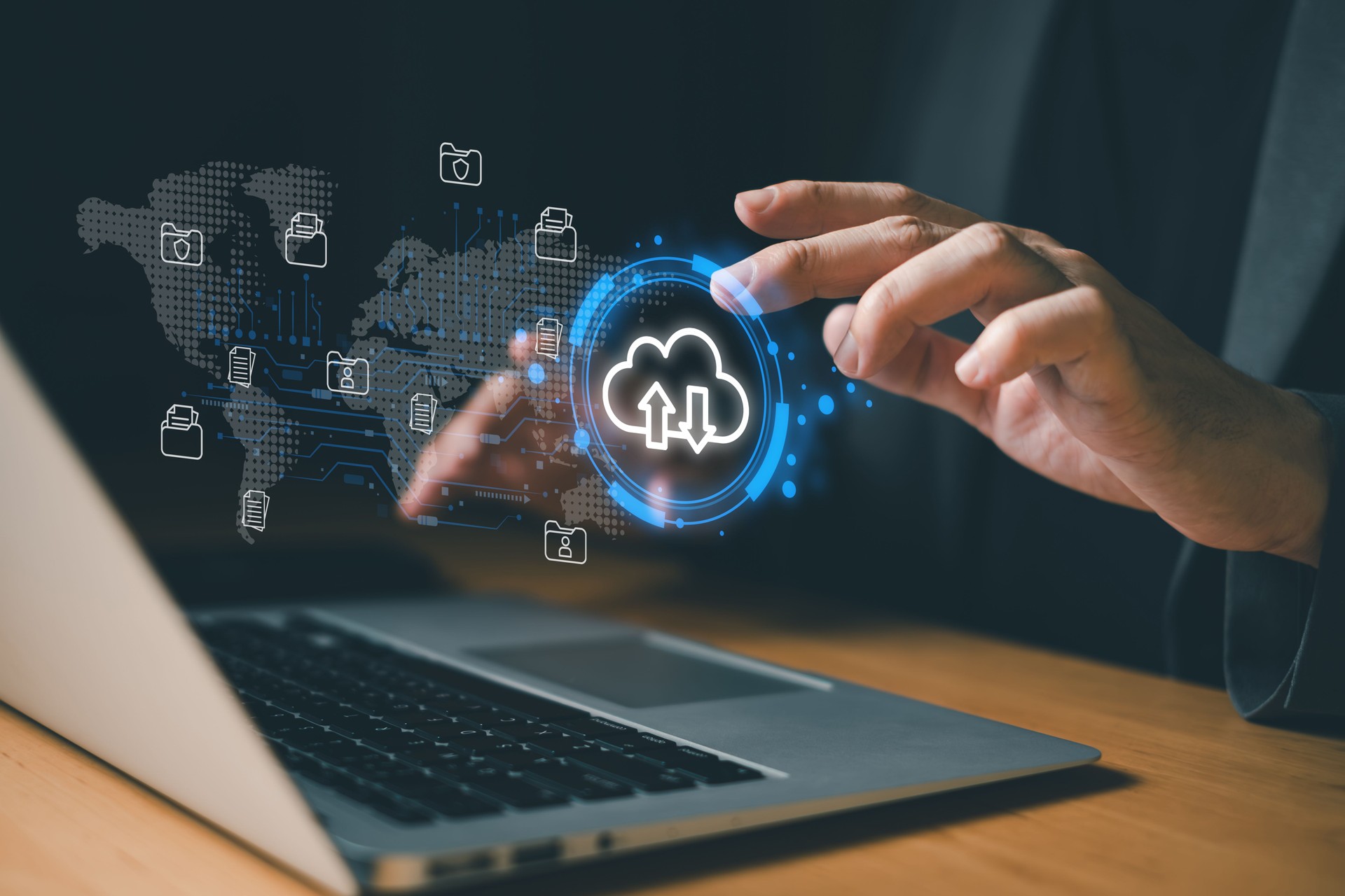 Business person migrate data and corporate information into cloud technology for data security and back up as disaster recovery site and prevent for cyber crime. Data inventory for enterprise.